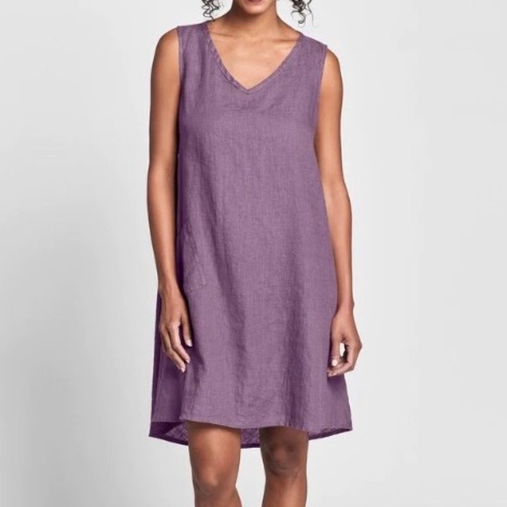 FLAX Clothing DREAMY DRESS 100% Linen ELDERBERRY Plum S BIAS BACK Knee-Length